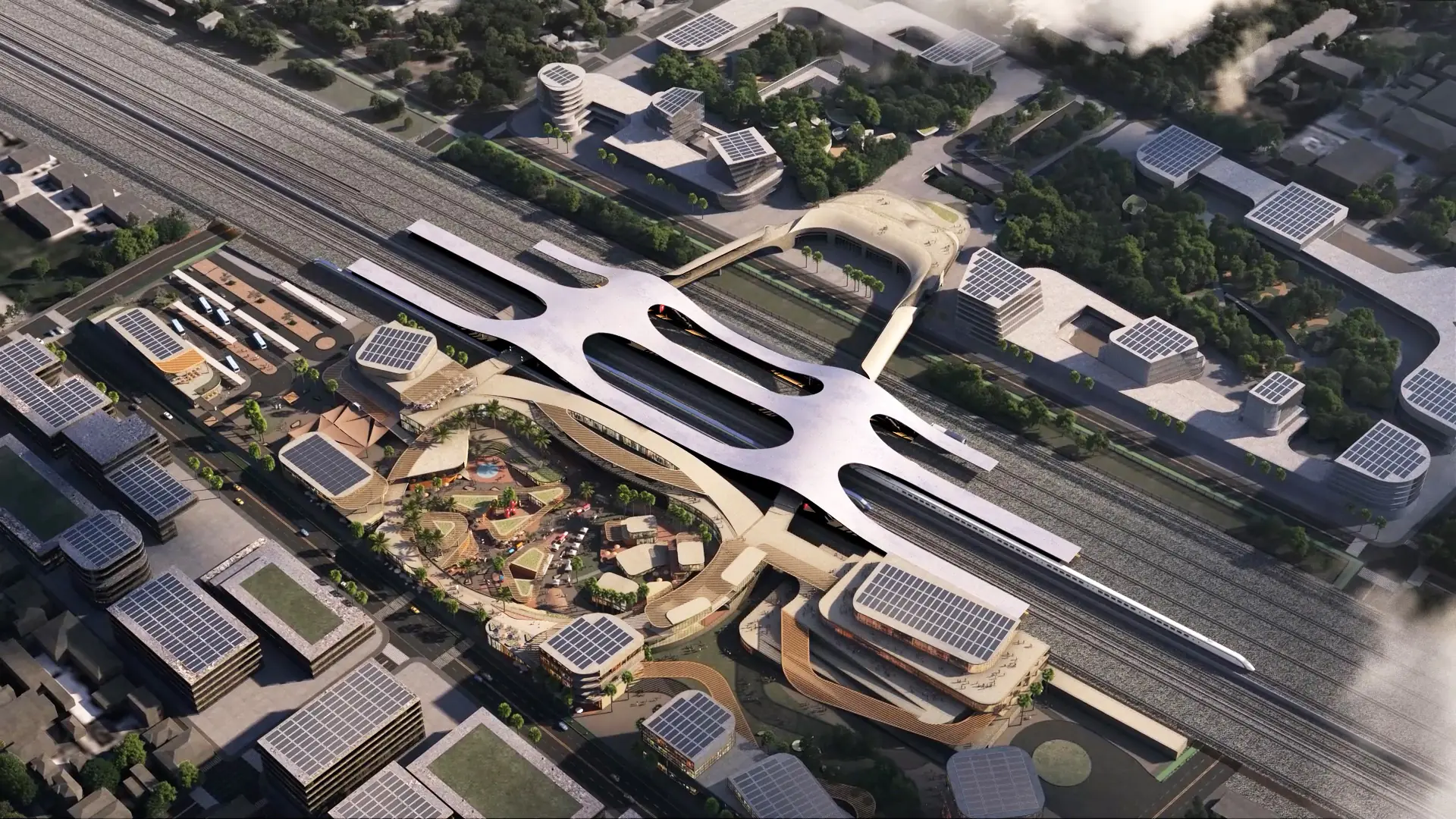 Aerial rendering of the Palmdale high-speed rail station showing the terminal and surrounding commercial area