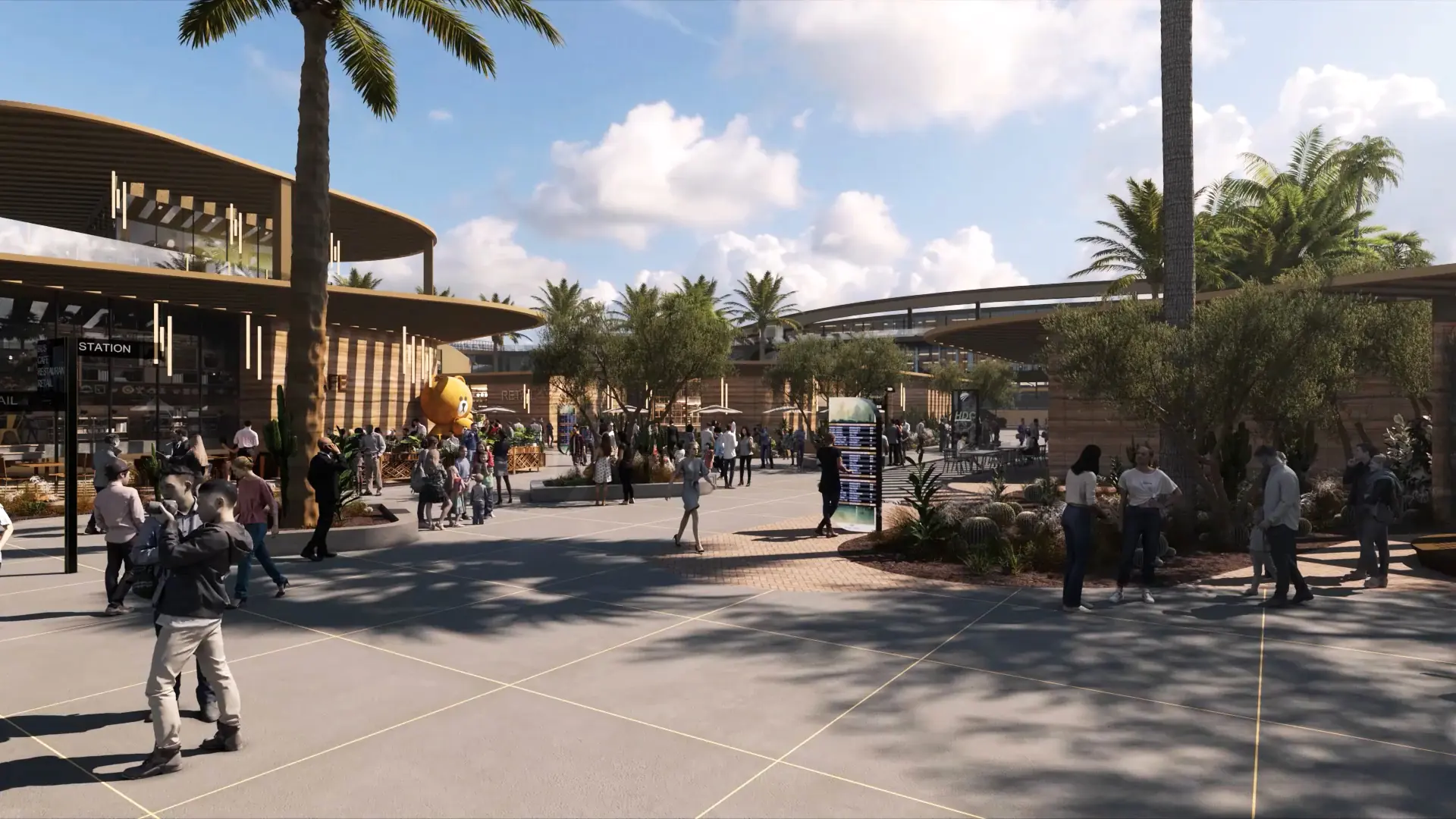 Close-up rendering of the Palmdale high-speed rail station plaza showing people visiting retail stores, palm trees, and families walking together