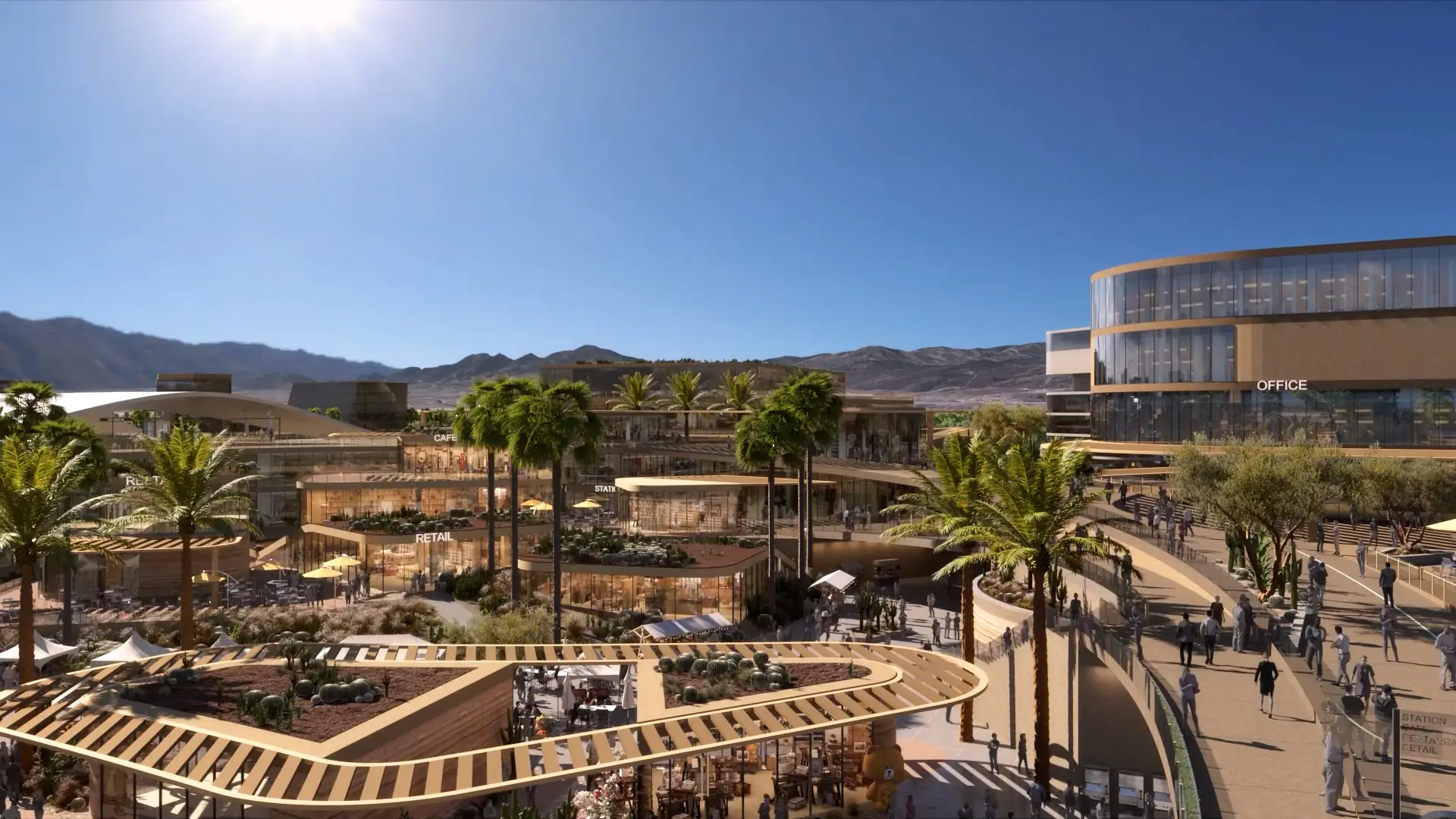 Daytime rendering of the Palmdale high-speed rail station commercial area with people walking through the plaza