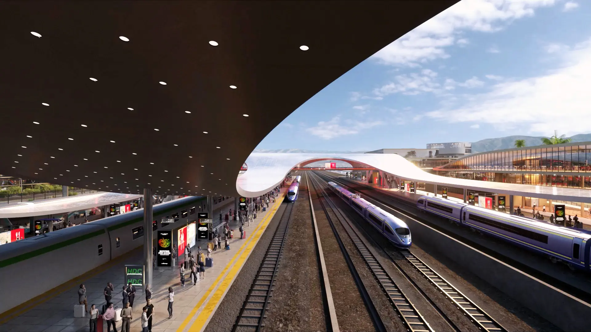 Rendering of Palmdale high-speed rail station terminal with trains arriving at the platform and passengers waiting to board