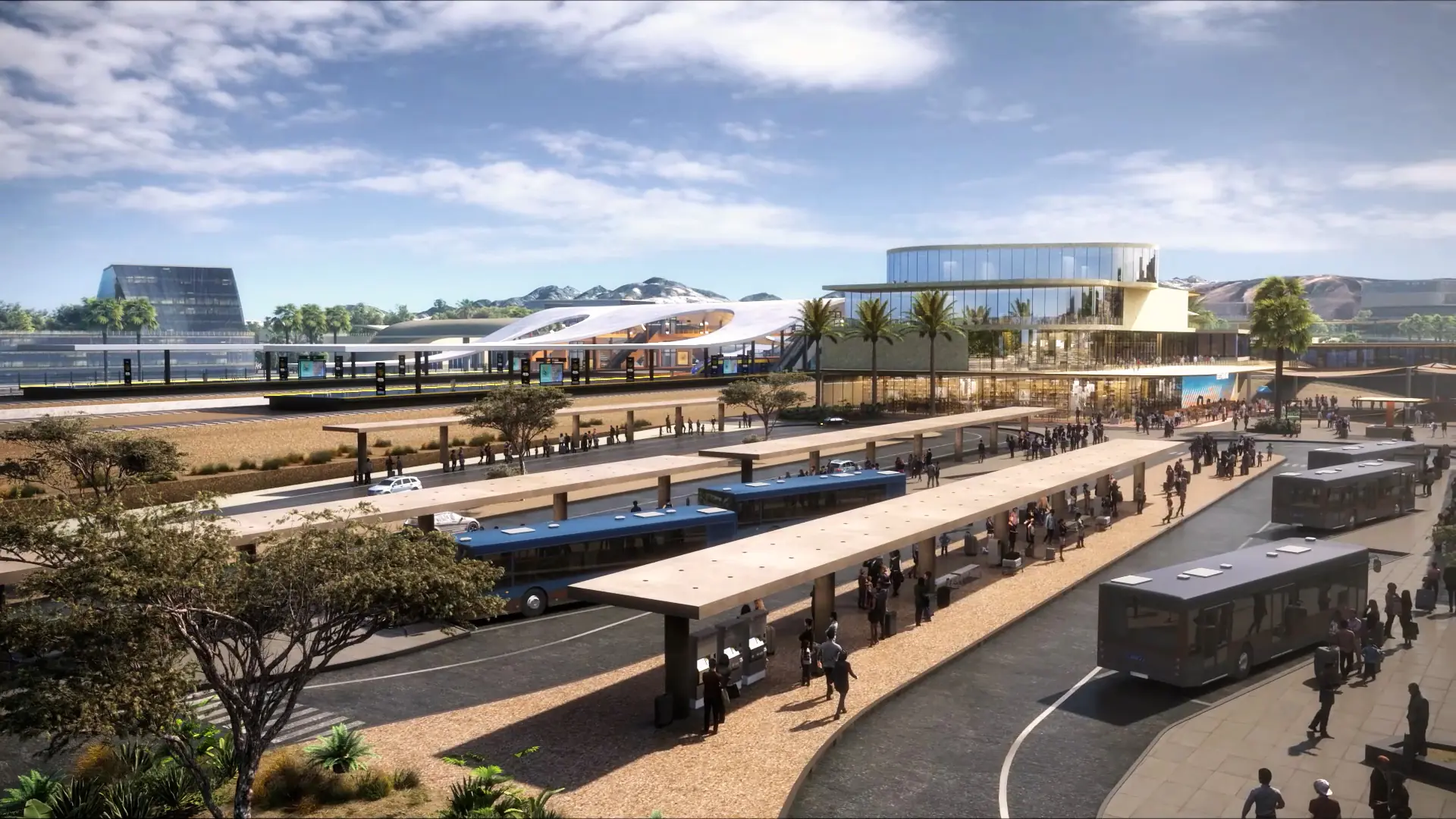 Close-up rendering of Palmdale high-speed rail station bus loop with buses parked and passengers boarding