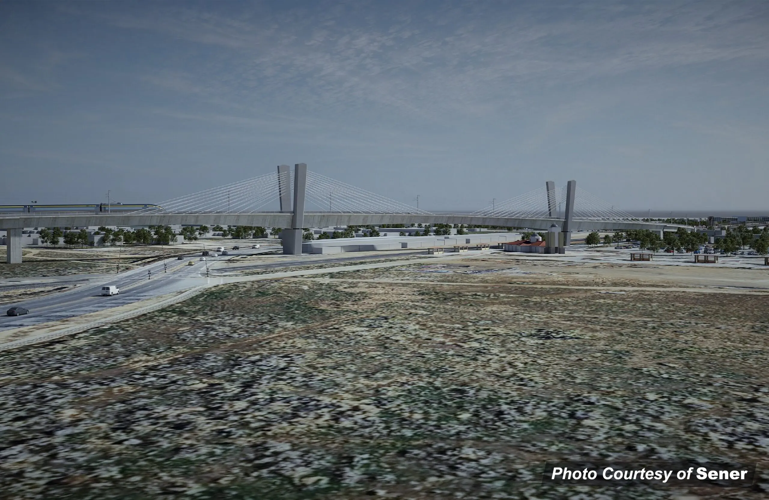 Side view rendering of a high-speed train traveling across an extradosed bridge