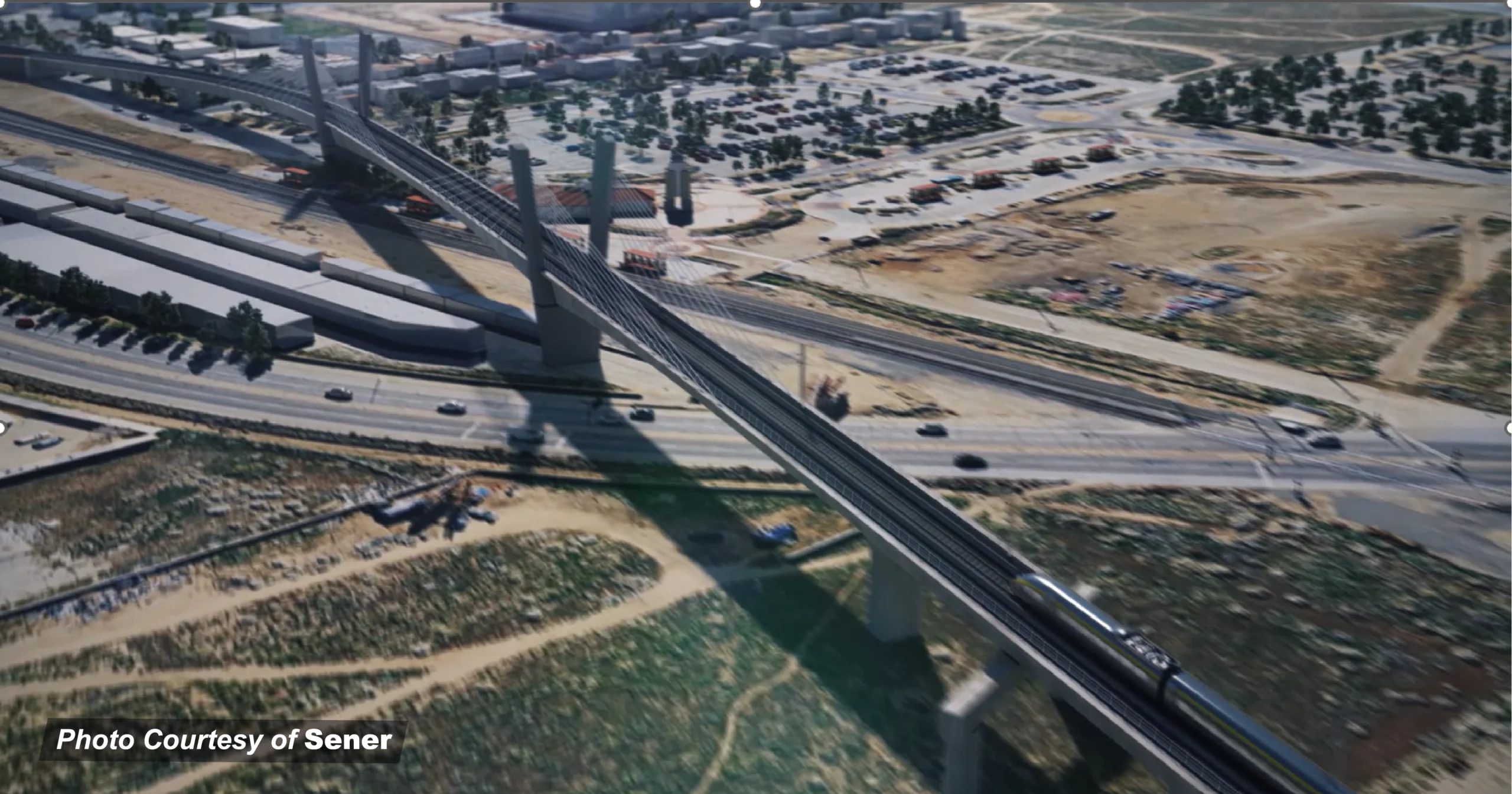 Rendering of a high-speed train traveling across an extradosed bridge