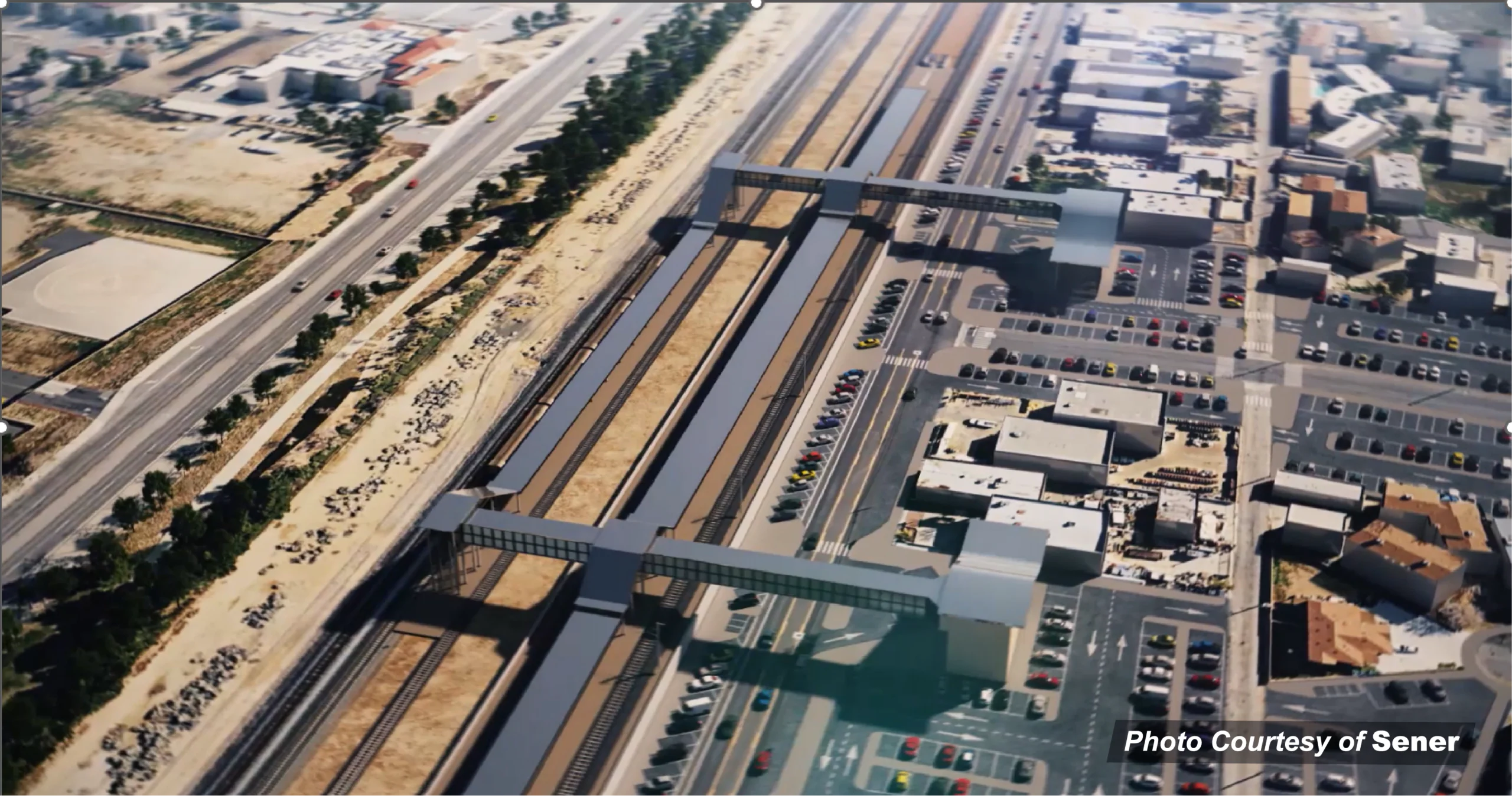 Rendering of the Palmdale high-speed rail station showing enclosed pedestrian tunnels connecting station buildings to the platforms