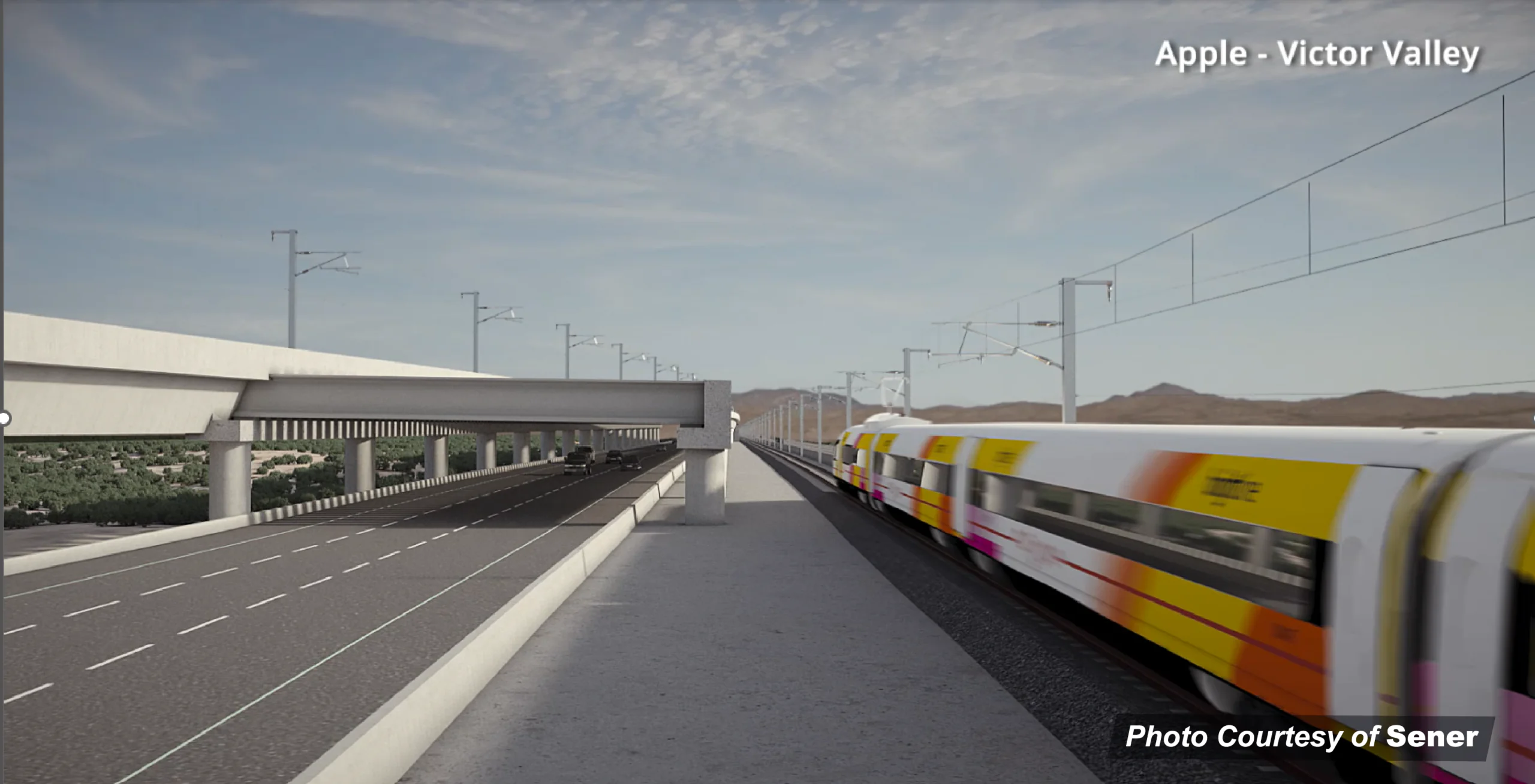 Frontal view of a pergola-style canopy spanning over Interstate 15 alongside the high-speed rail line