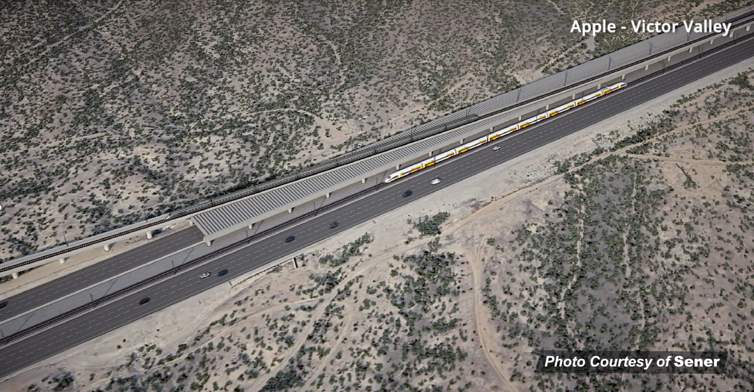 Aerial top-down view of Victor Valley high-speed rail station along Interstate 15, showing a pergola-style canopy over the platforms